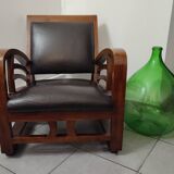 Leather and teak armchair