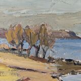 Peinture à l’huile de paysage vintage suédoise moderne « Golden Meadows » du milieu du siècle, encadrée