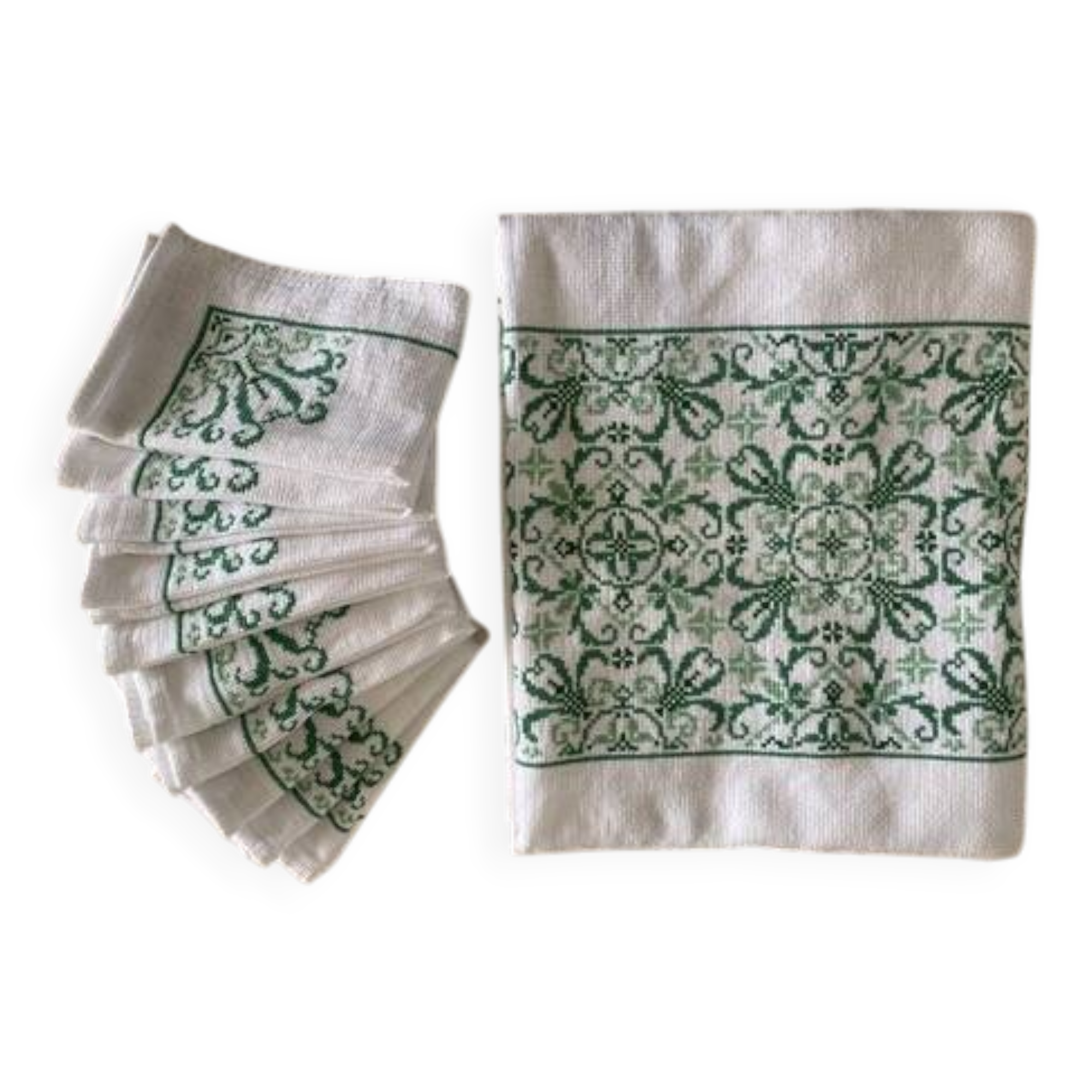 Large tablecloth and its 10 old napkins embroidered with cross stitch - 210x120 - cotton