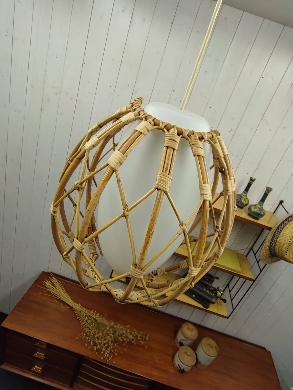 Vintage rattan and opaline pendant light