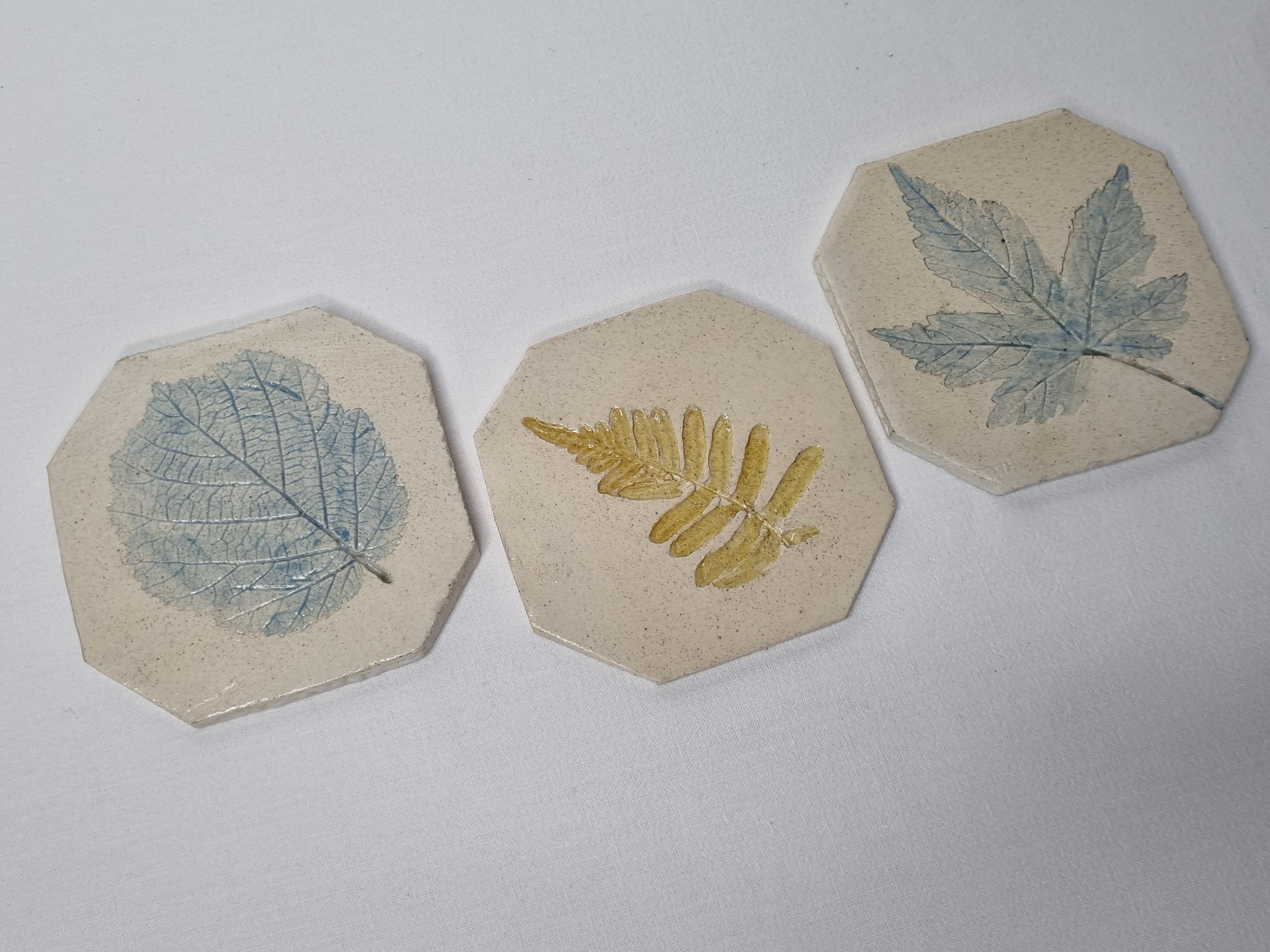 Three enamelled ceramic under glass, footprints of plants from Canada