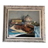 Huile sur panneau, violon sur table, signée Charles-Pierre Bernard