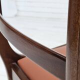 1970s, reupholstered set of 6 pcs Danish dining chairs, teak wood, camel brown leather.