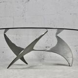 Table basse "space age". Piètement acier, dalle de verre. Circa 1970