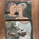 Modernist figurative wall tile in polychrome stoneware 1975