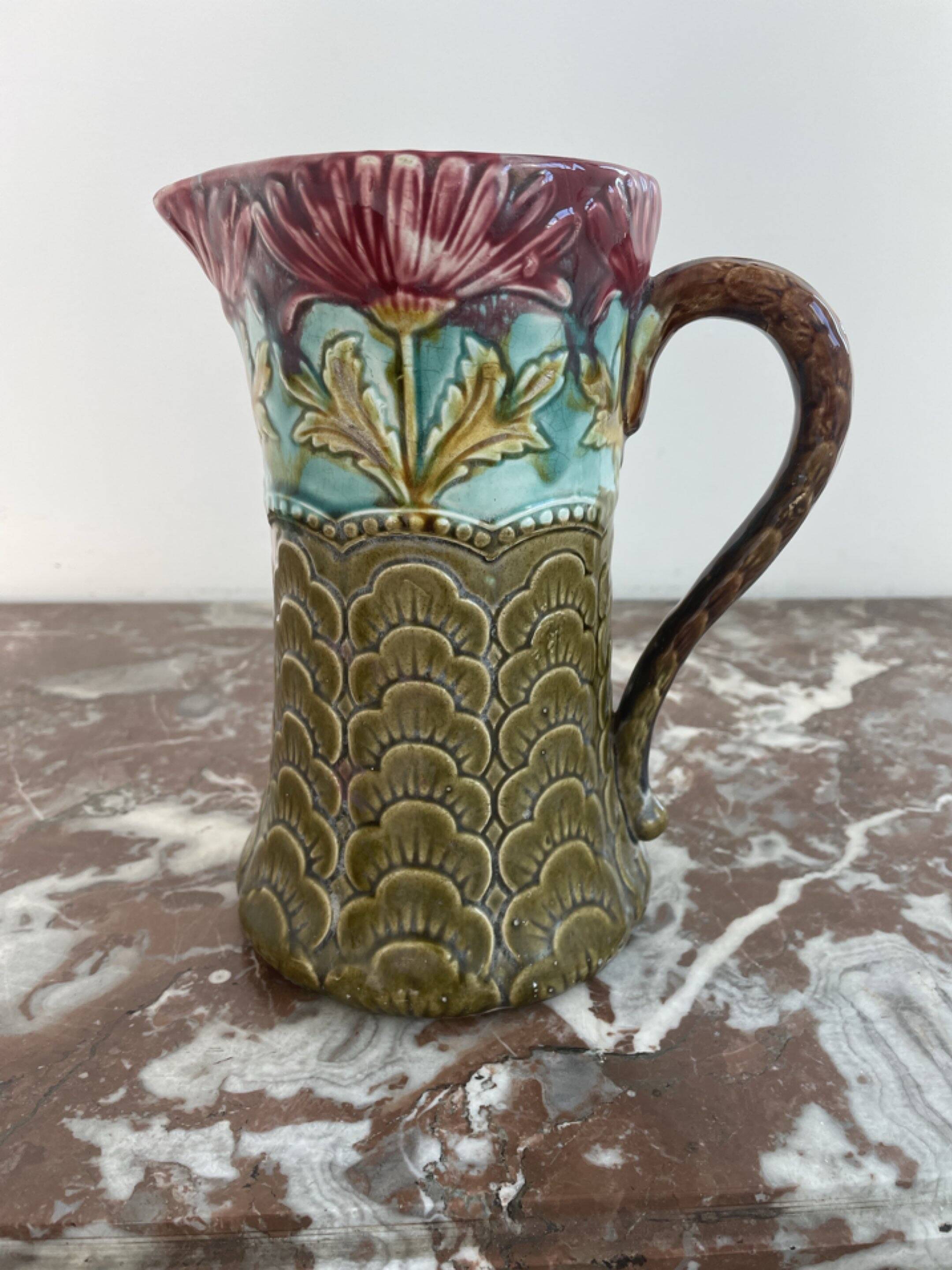 Slip pitcher, Orchies, jug, majolica, earthenware, floral decoration