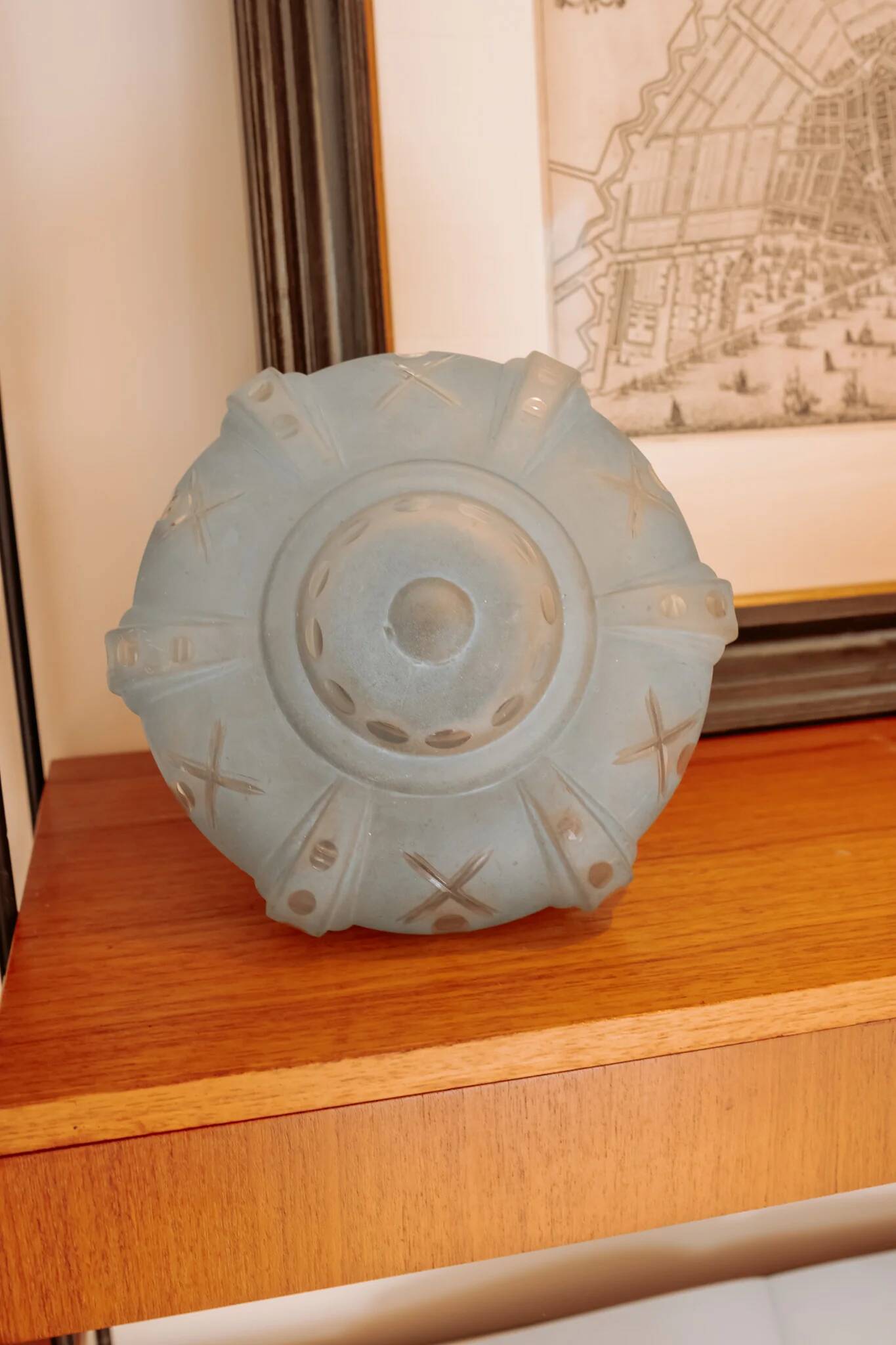 Vintage ceiling light in light blue glass with new frame.