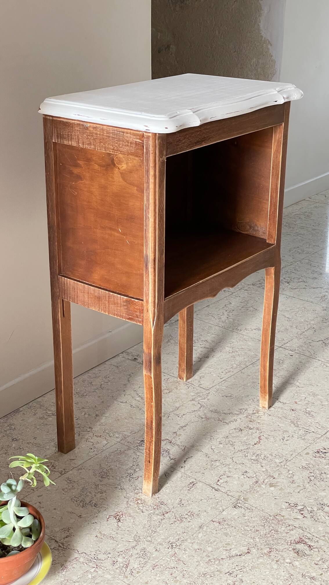 Vintage white and wood bedside table