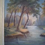 Painting landscape wood river signed