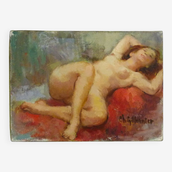 Huile sur toile femme nue allongée, signée 'Ch Gillonnier'