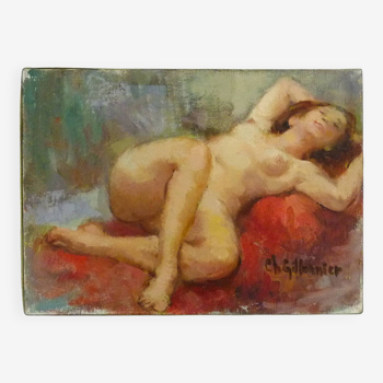 Oil on canvas nude woman lying down, signed 'Ch Gillonnier'