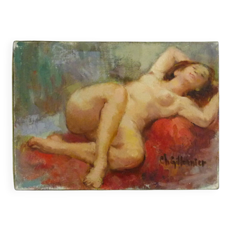 Huile sur toile femme nue allongée, signée 'Ch Gillonnier'