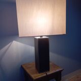 Tall cubic brown leather lamp, light gray fabric lampshade