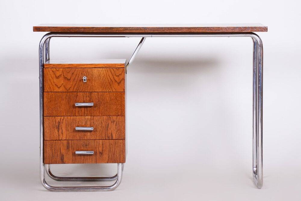 Bauhaus Writing Desk in Oak and Chrome by R. Slezák, Czech, 1930s