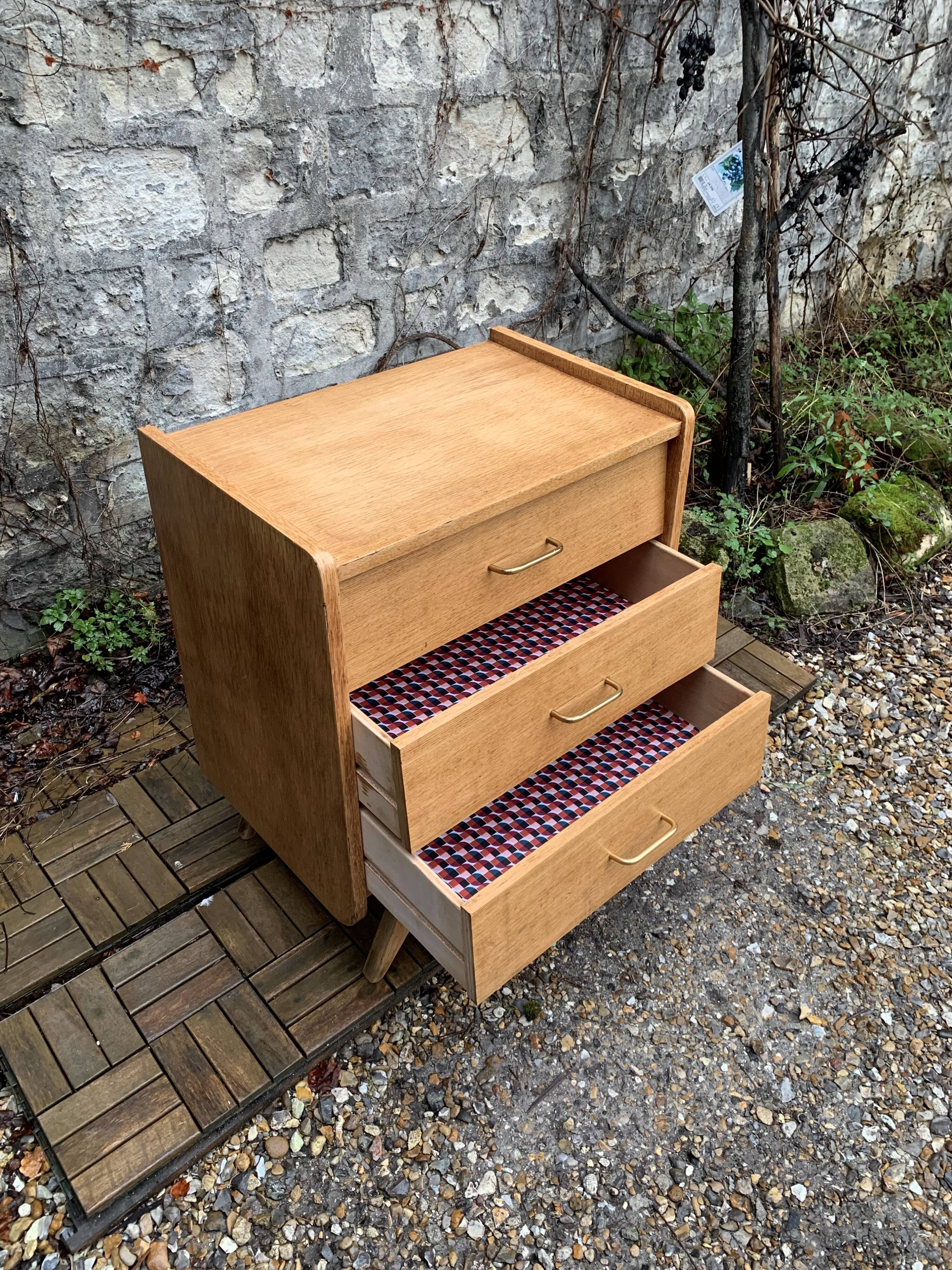 Vintage chest of drawers with compass feet, raw oak, 1960