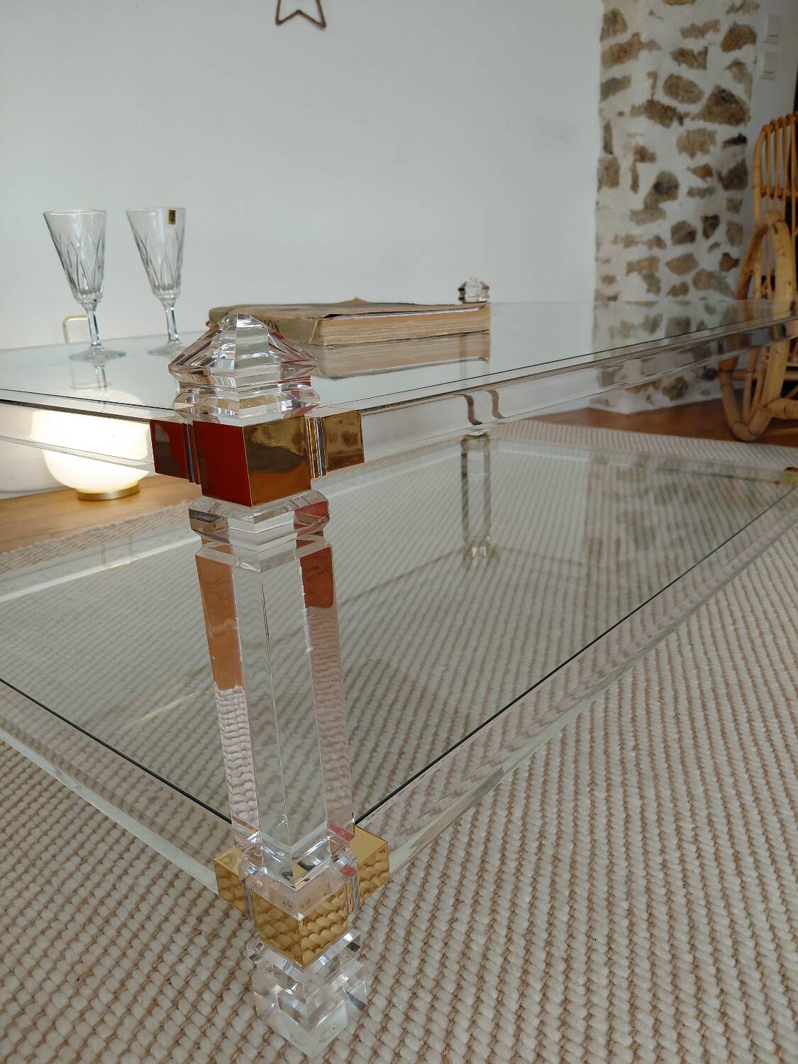 Table XL Laiton massif et Plexiglas-Style Jansen 1970