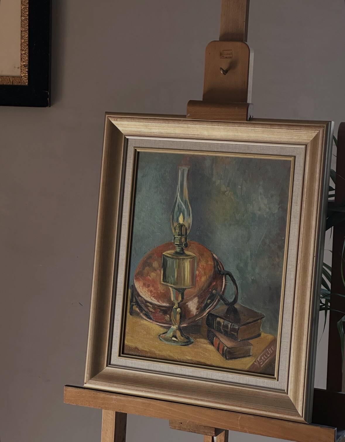 Framed oil on canvas – Still life with lamp, Yvonne Sellier