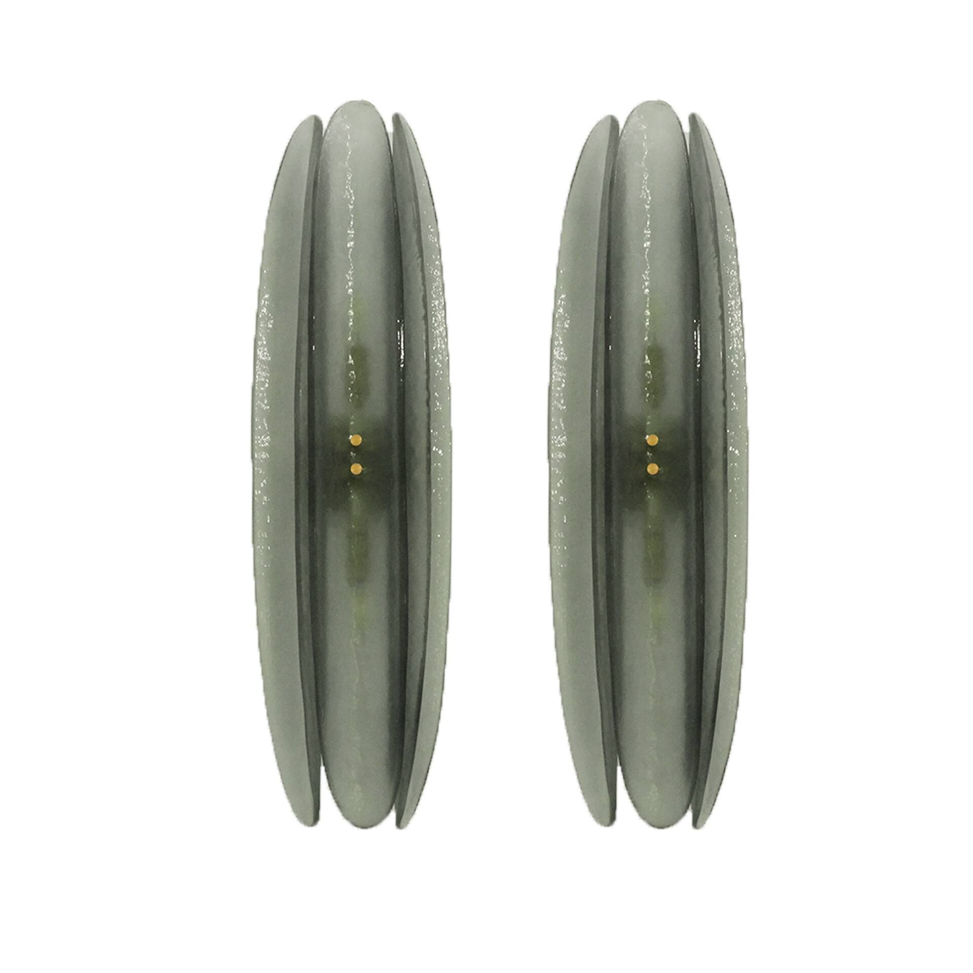 Italian wall sconces in bluish grey Murano glass and brass in mid-century modern style.