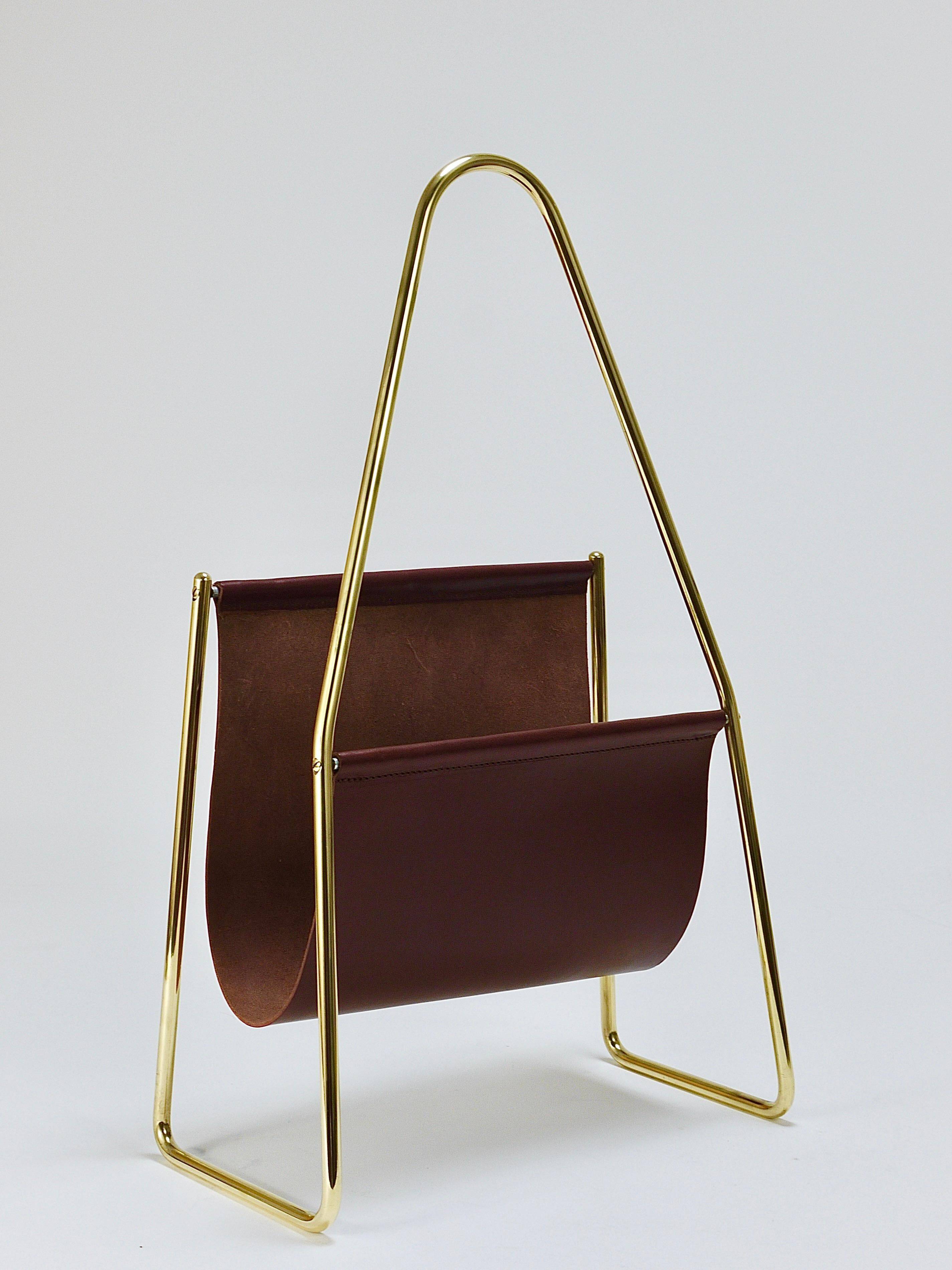 Porte-revues Carl Auböck II Midcentury, laiton et cuir marron, vintage, Autriche