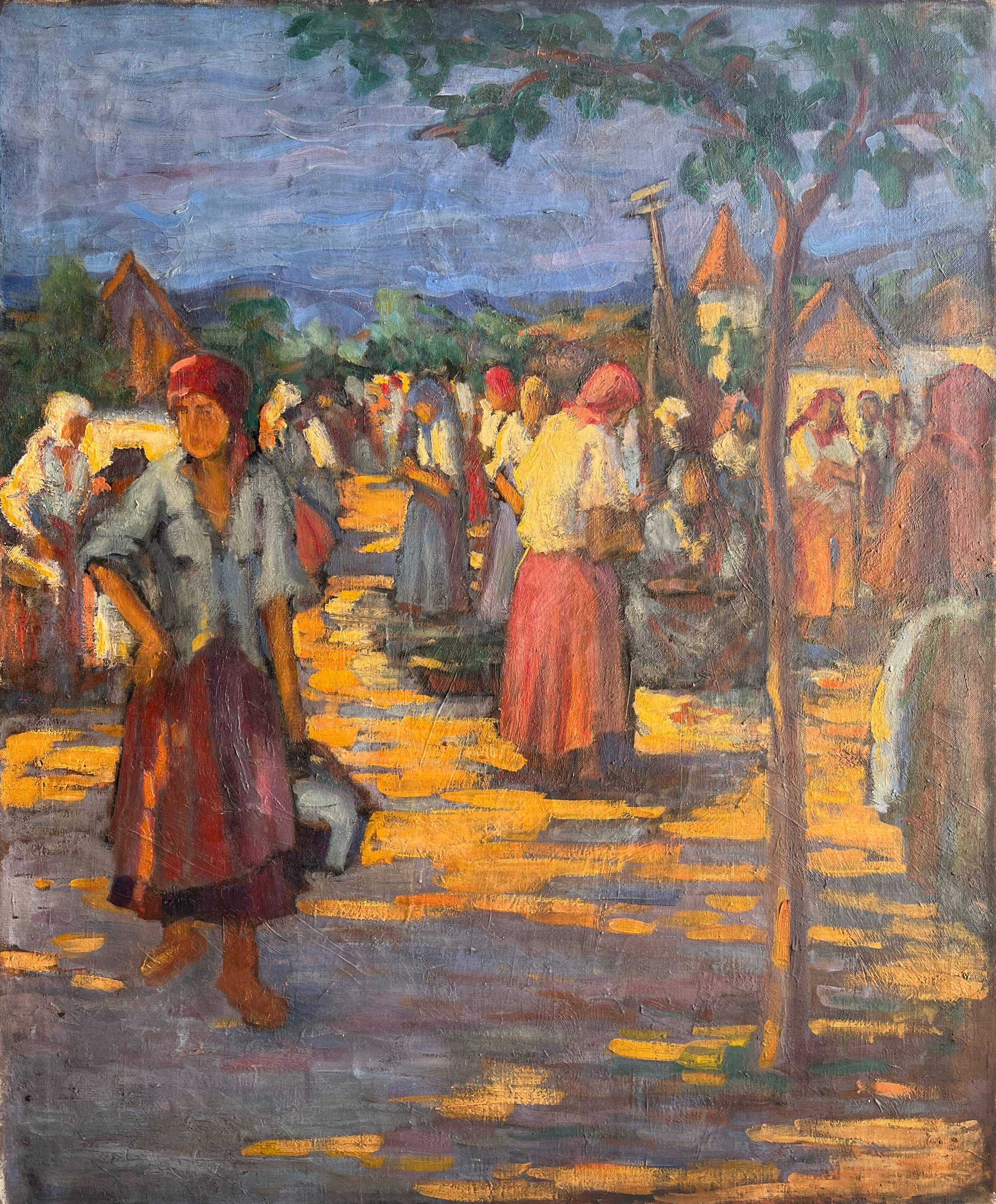 Painting, oil on canvas, The market, 20th century, oil on paper, signed, 26.5x26.5cm, with frame