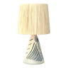 White and blue ceramic lamp, raffia shade