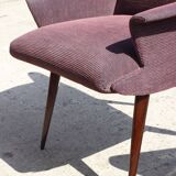 Pair of vintage purple velvet compass foot armchairs 1950s