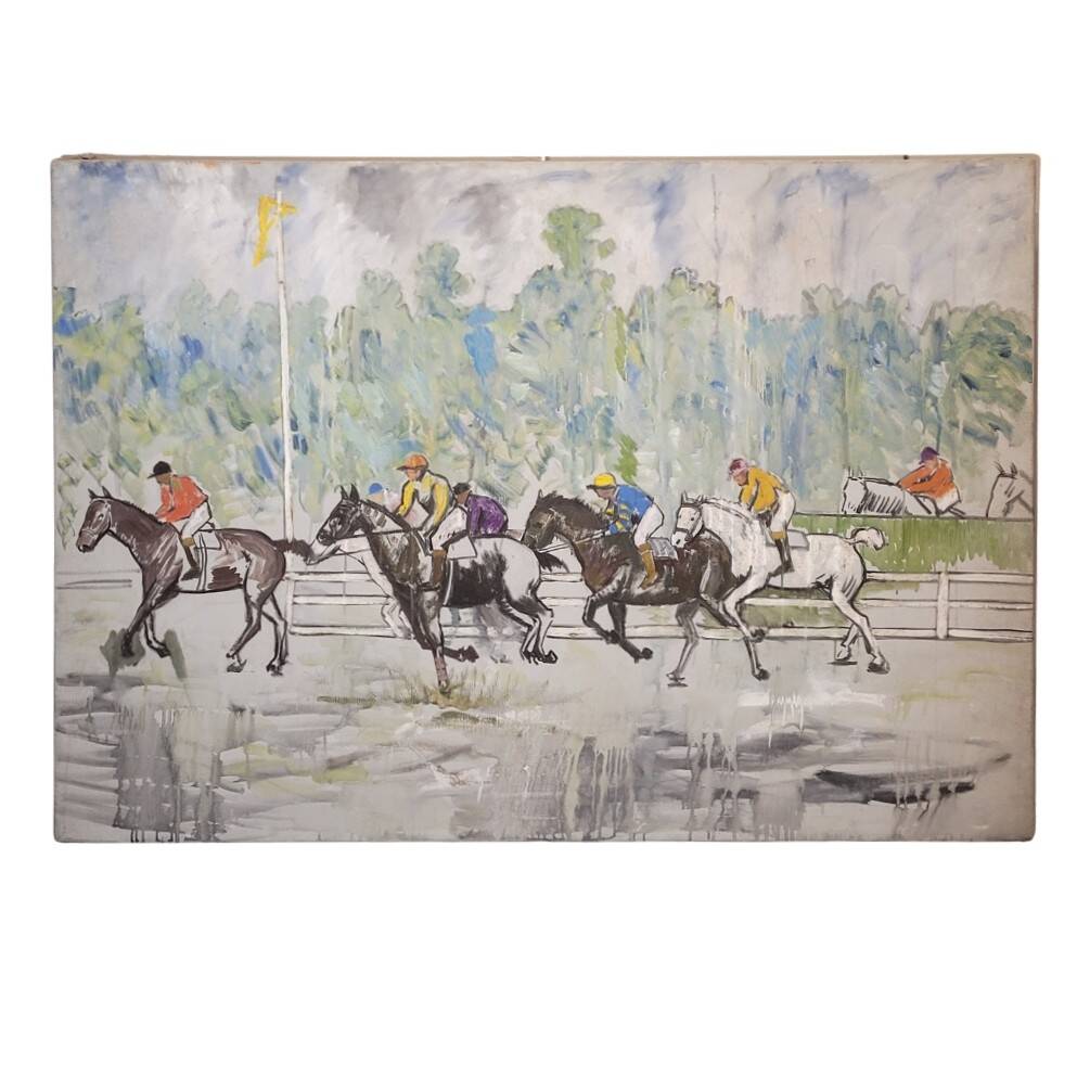 Acrílico sobre lienzo “Carrera de caballos”, León Lafourcade, ff. s. XIX