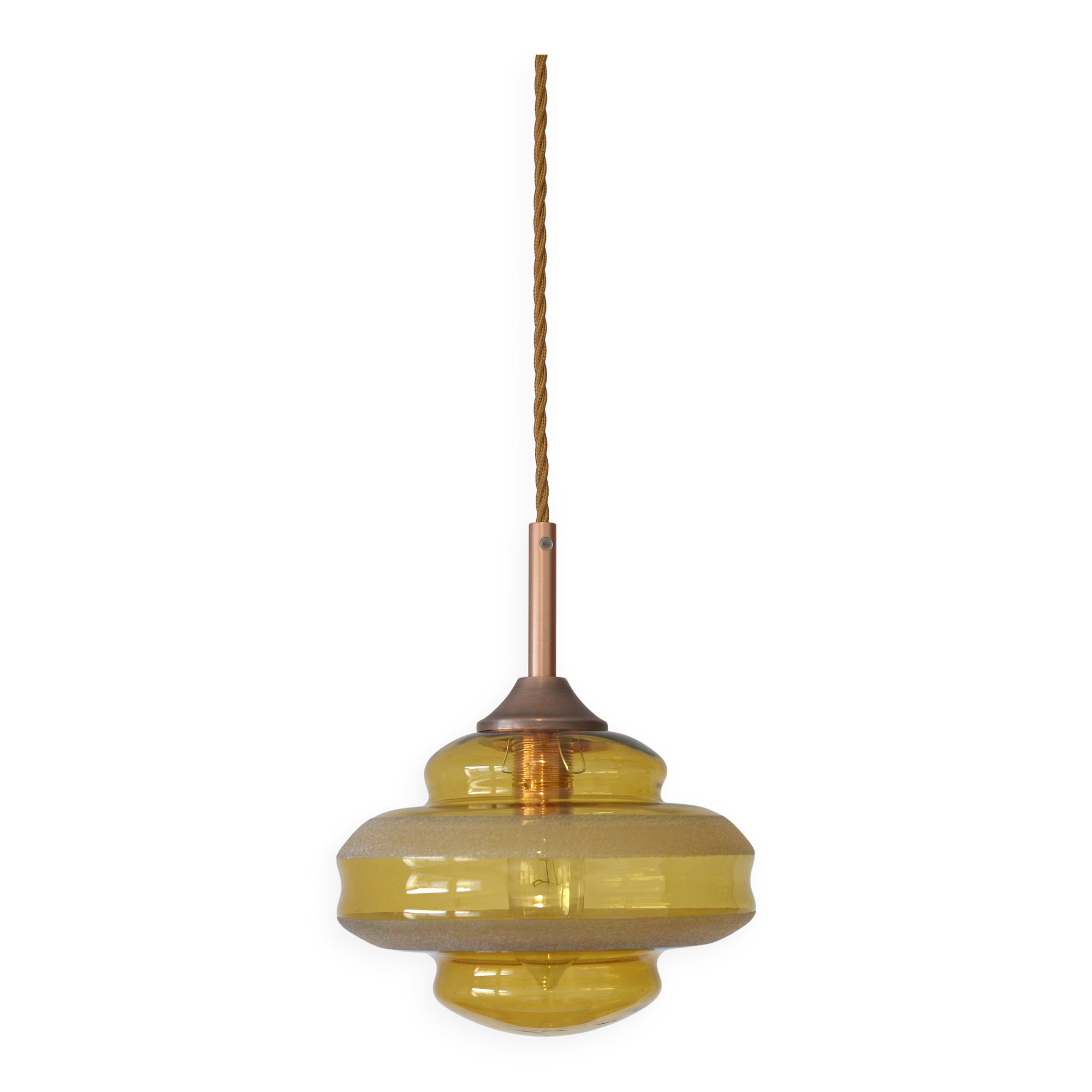 1 of 2 hand blown amber glass pendant lamp / redesign vintage hanging light