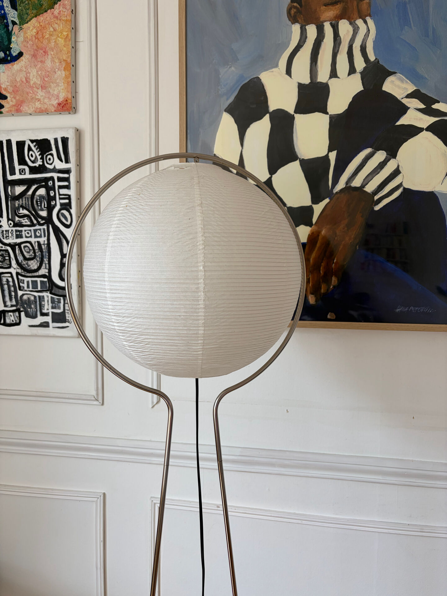 Chrome metal floor lamp and rice paper Vate for IKEA 1990