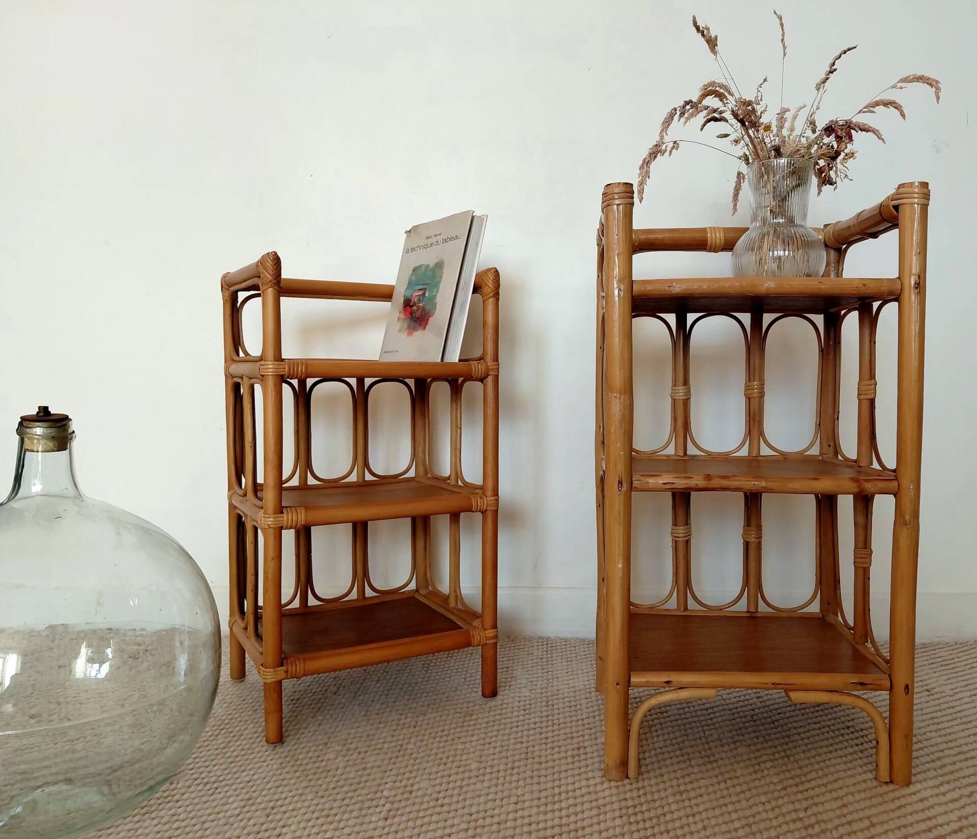 Pair of bedside tables/vintage bamboo and rattan accent furniture - 1970s