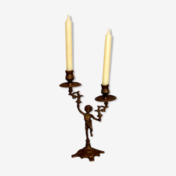 Vintage french pressed bronze cherub double candle stick holder 4356