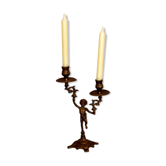 Vintage french pressed bronze cherub double candle stick holder 4356