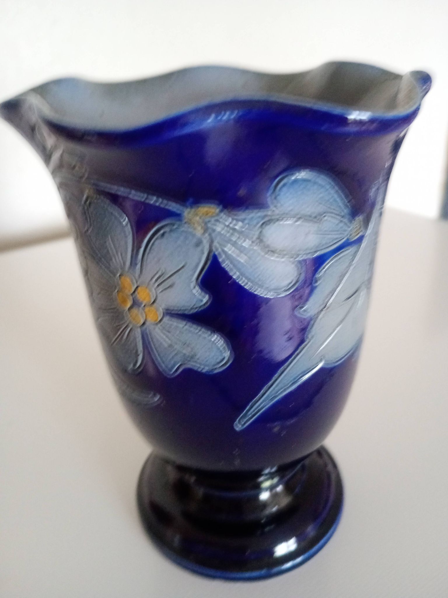 Betschdorf Schmitter grès d'Alsace, cobalt  - Vase corolle aux fleurs