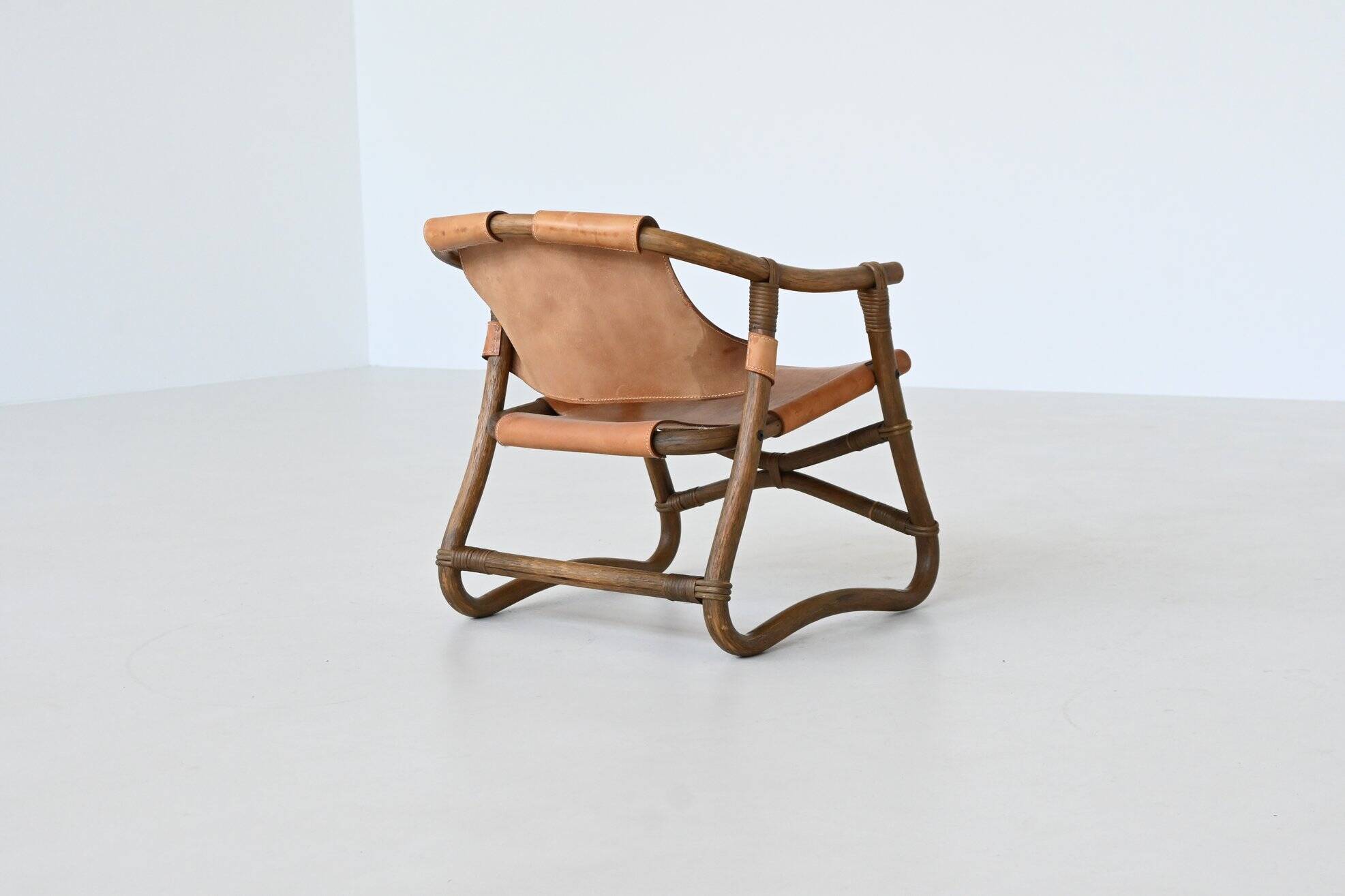 Espri safari chair in cognac leather and bamboo IKEA Sweden 1970