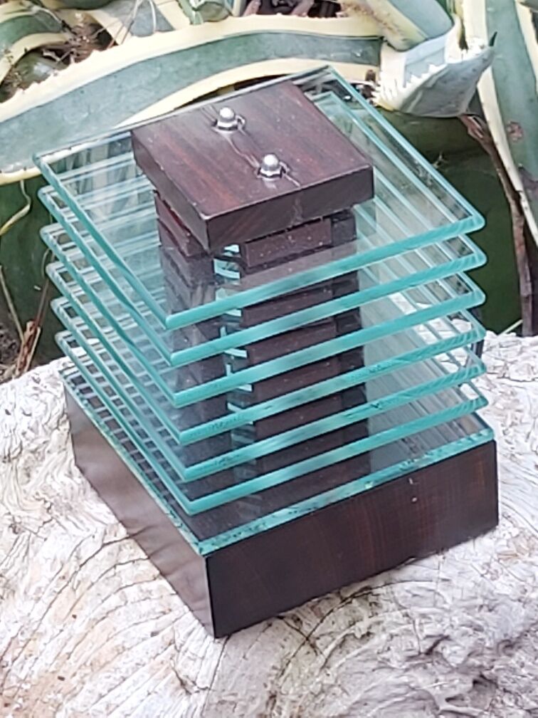 Demeter wood and glass lamp Maison Desny 1980