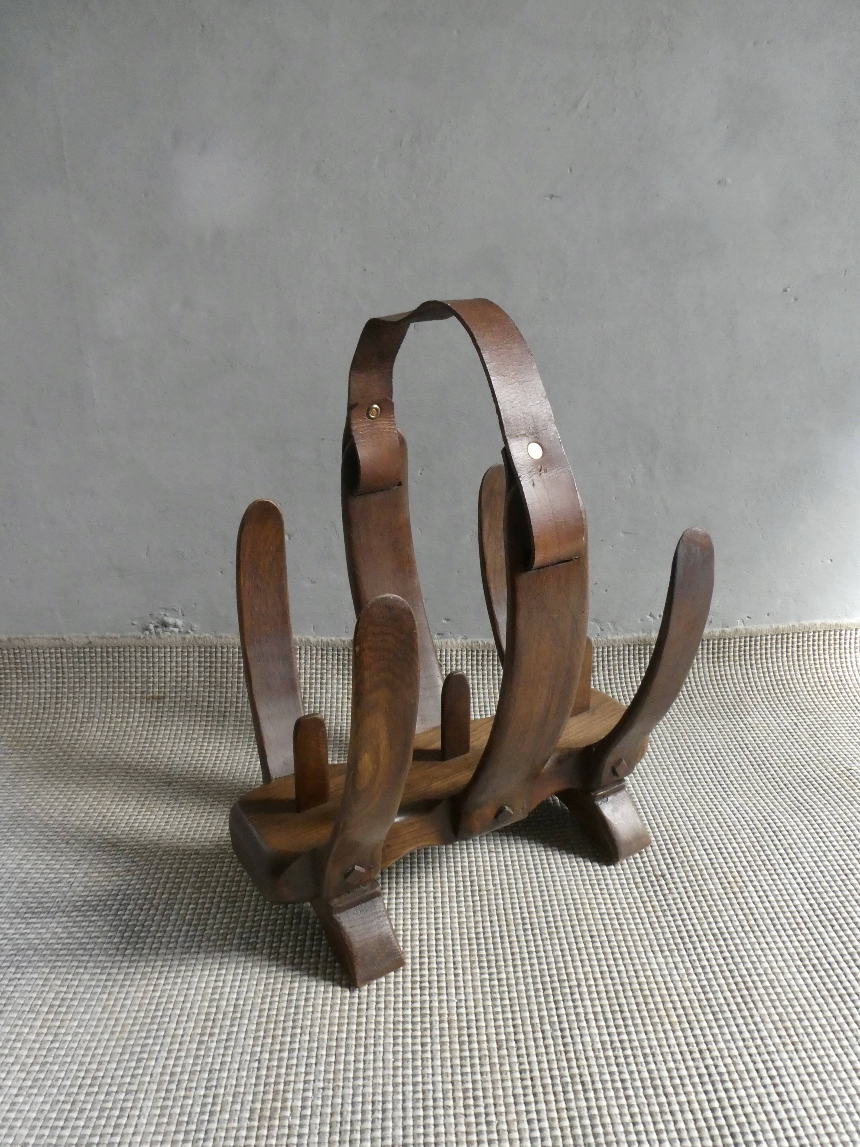 Oak and leather magazine rack, 60s-70s