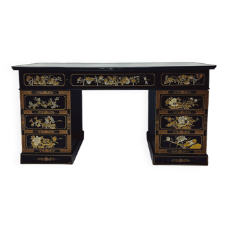 Bureau chinois vintage avec plateau en verre