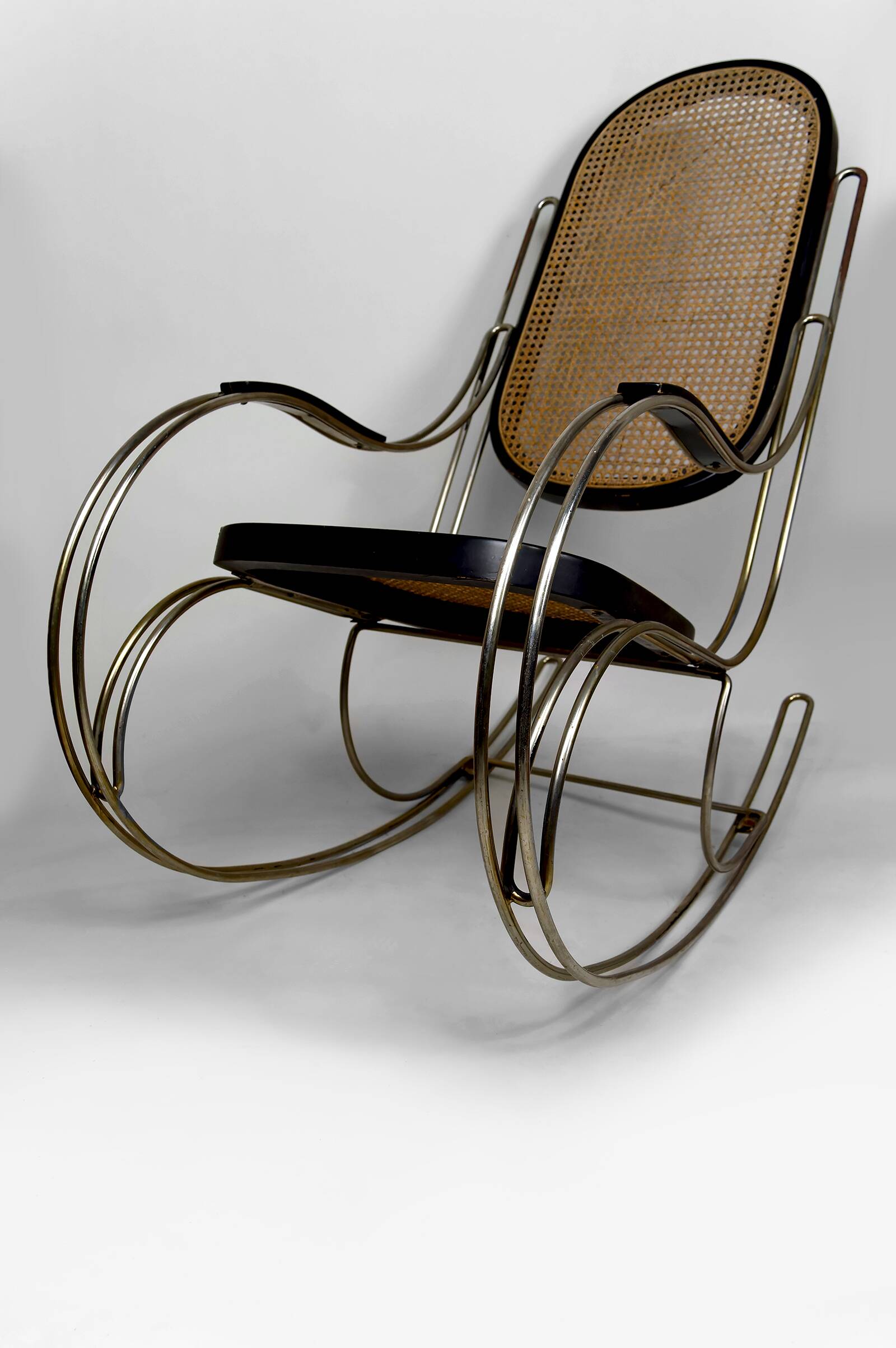 Modernist Rocking Chair in Blackened Wood, Canework and Chrome Frame, 1960-70