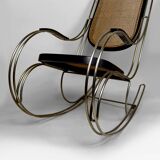Modernist Rocking Chair in Blackened Wood, Canework and Chrome Frame, 1960-70