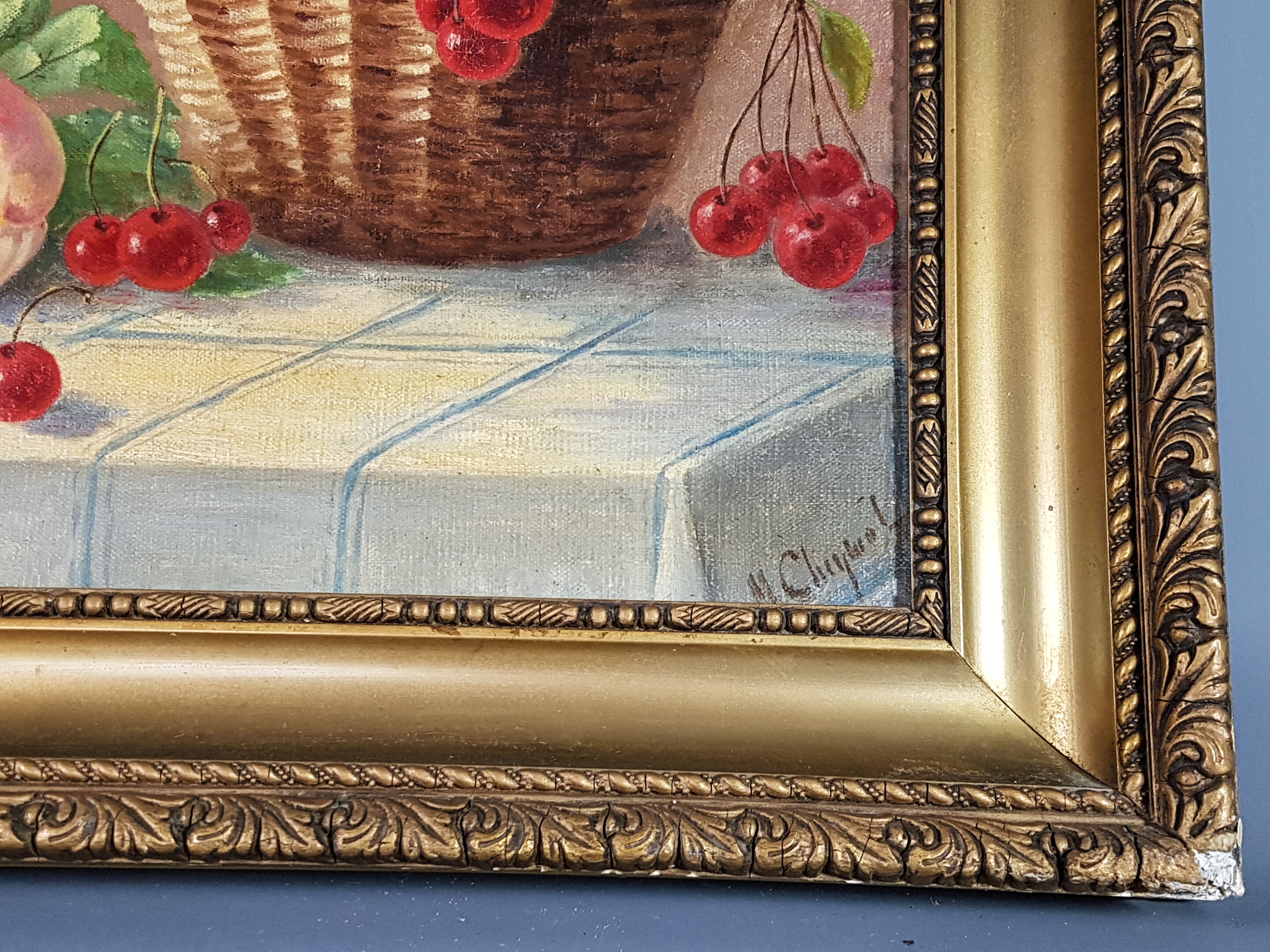 Ancient still life with cherries - peaches Oil on canvas 59x50 cm