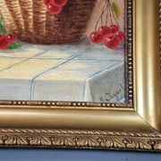Nature morte aux cerises & pêches huile sur toile 59x50 cm