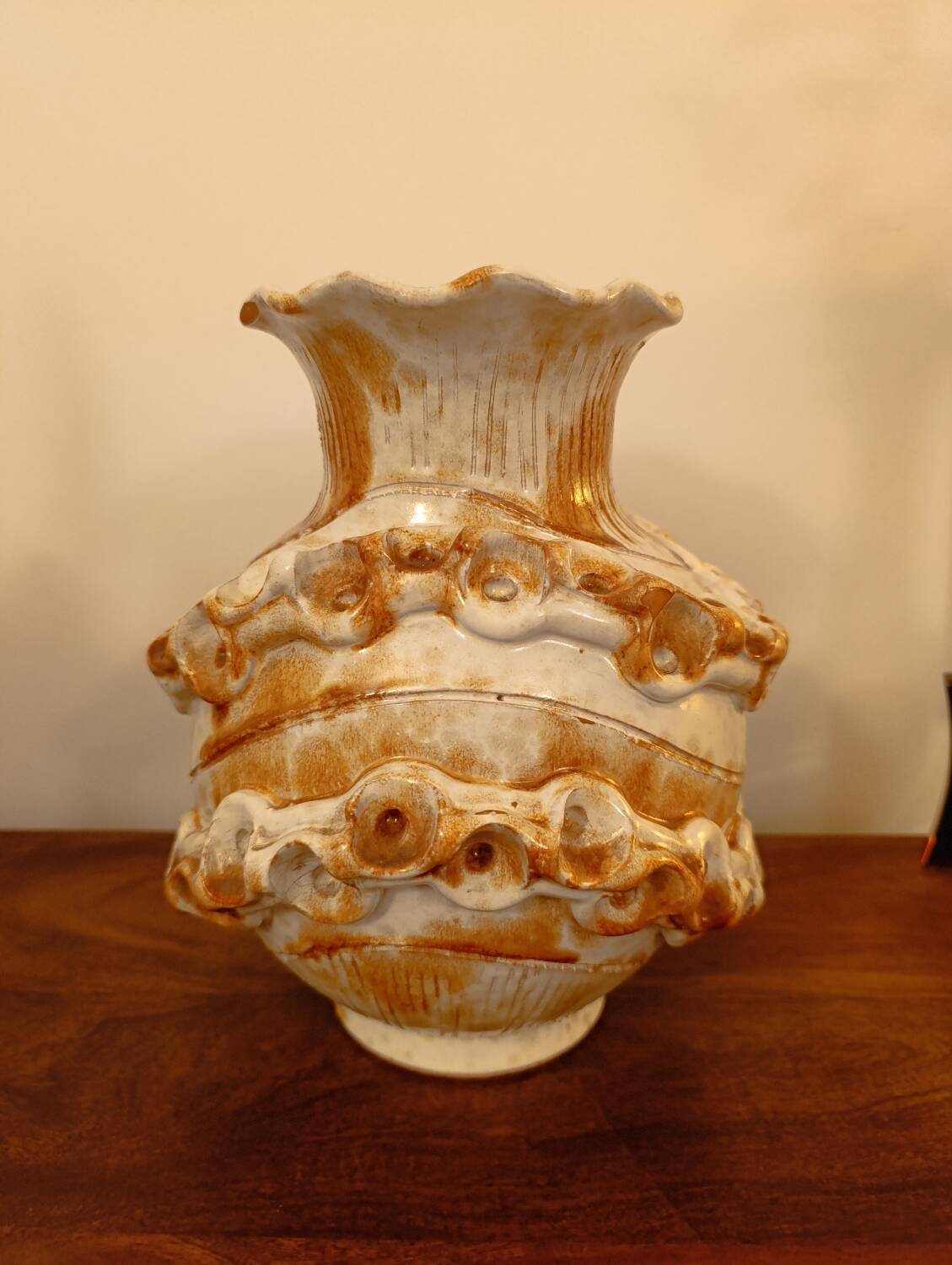 Large brutalist Italian ceramic vase, vintage two-tone, 60s/70s.
