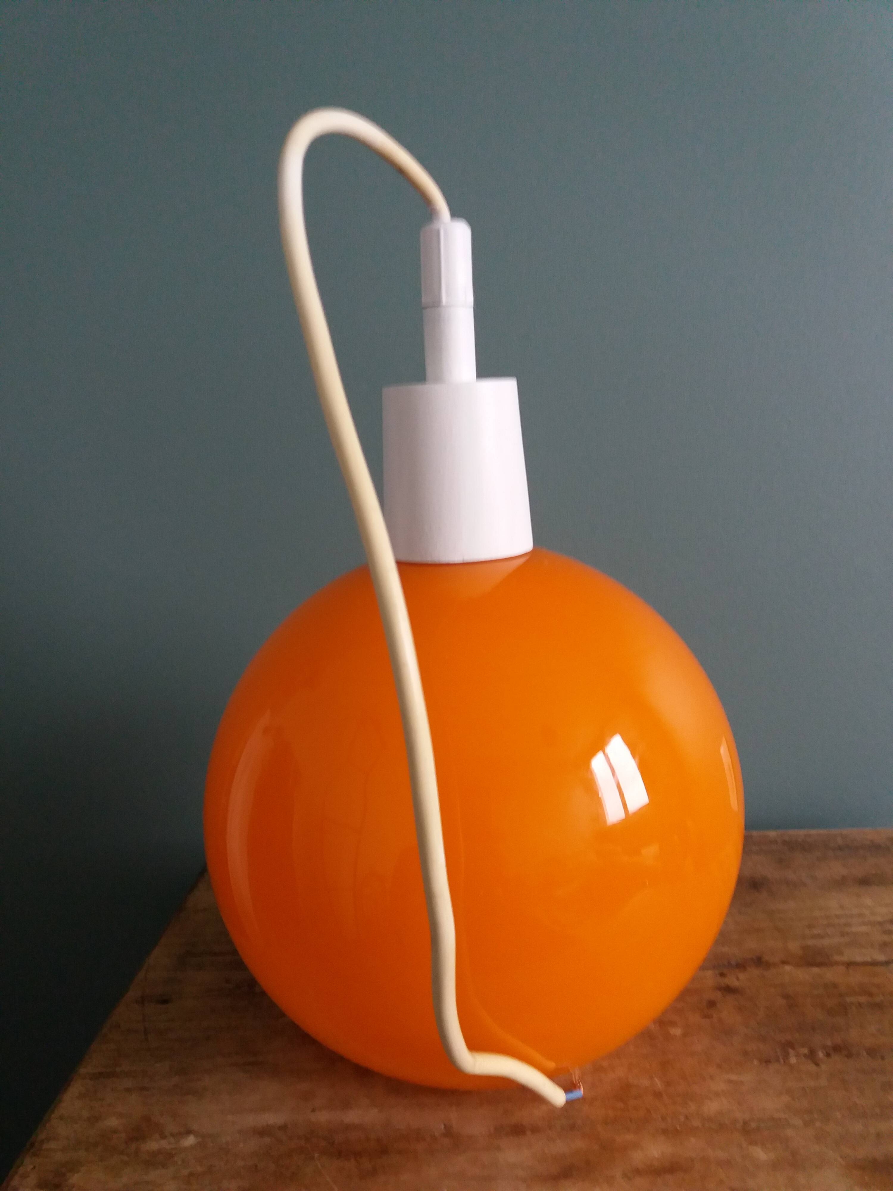 70s space age orange glass globe ball pendant light