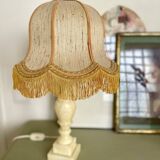 Vintage alabaster lamp base with fringed pagoda shade