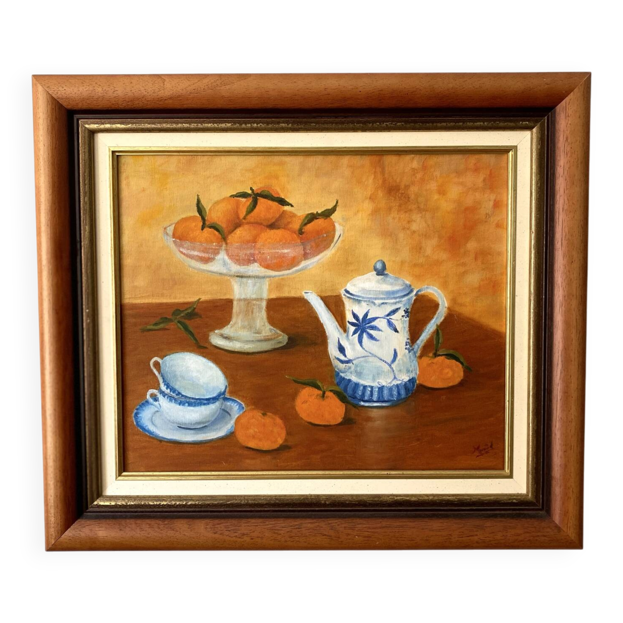 Still life with mandarins and blue pottery, oil on canvas