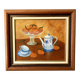 Still life with mandarins and blue pottery, oil on canvas