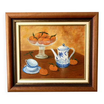 Still life with mandarins and blue pottery, oil on canvas