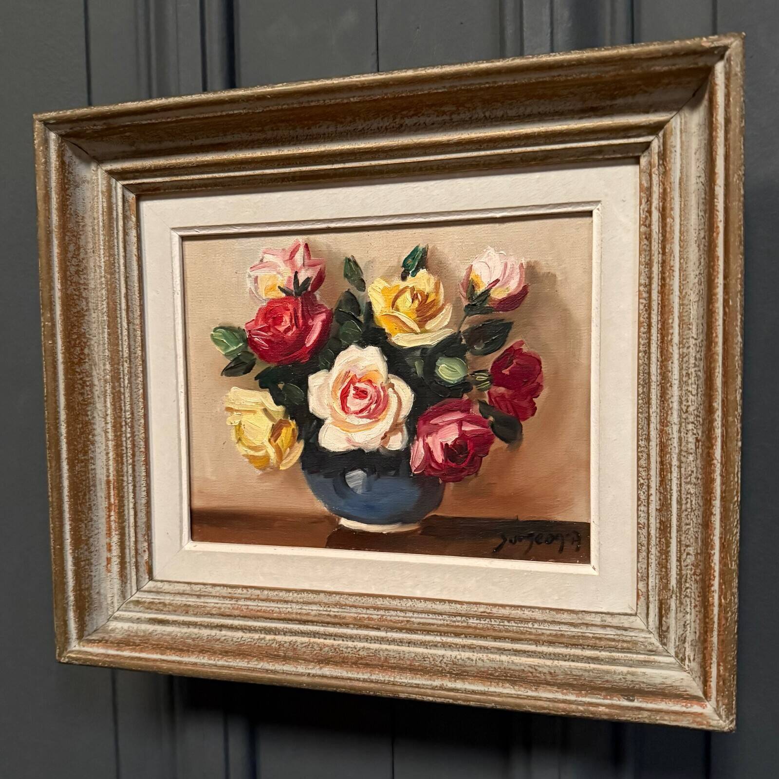 Oil on canvas still life with roses 20th century by Surgeon, whitewashed frame