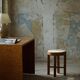 Mid-century Danish stool in oak, reupholstered in boucle wool, circa 1950.