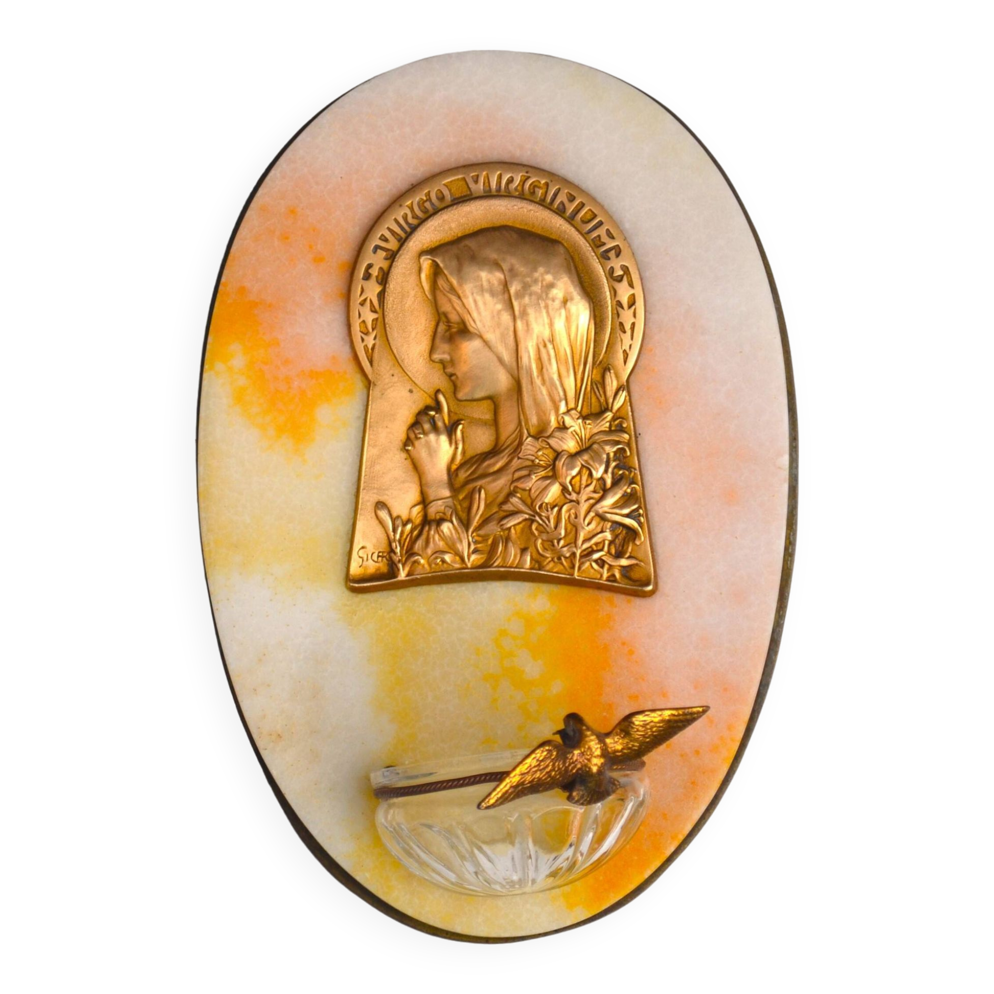 art nouveau holy water stoup Virgin